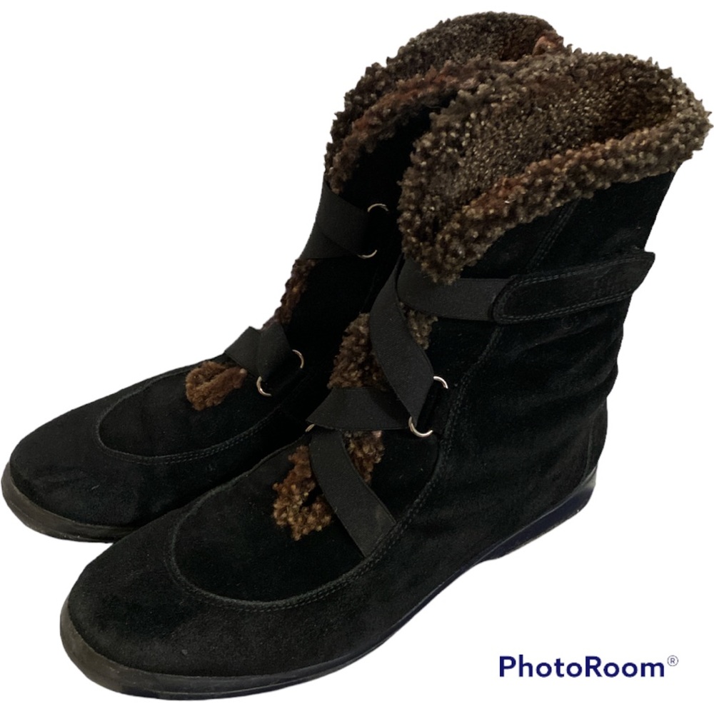 Stuart Weitzman Genuine Shearling Black Suede Velcro Boots